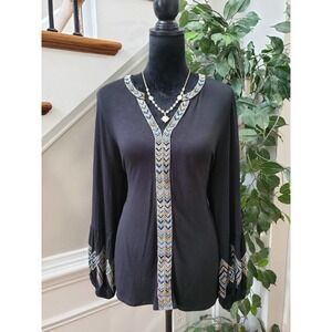 Democracy Womens Black Embroidered Rayon V Neck Long Sleeve Top Blouse Medium